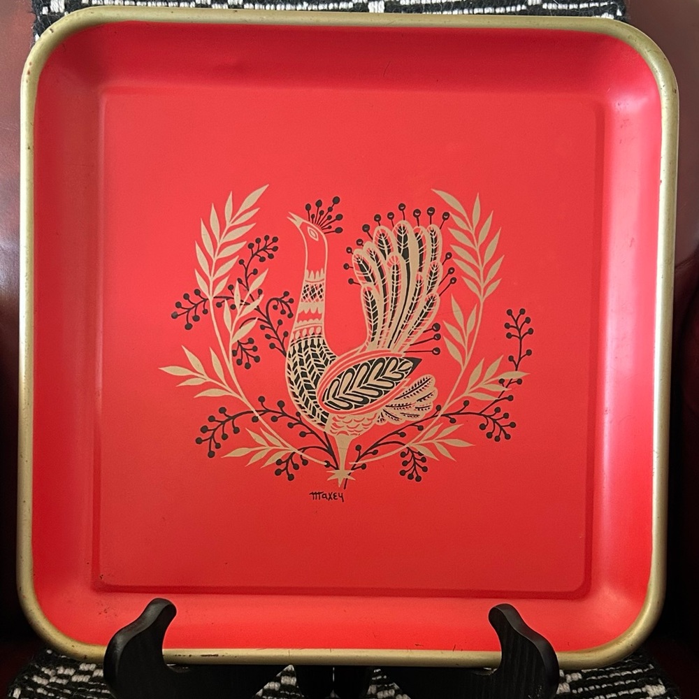 Mid-Century Peacock Metal Serving Tray - Signed Maxey